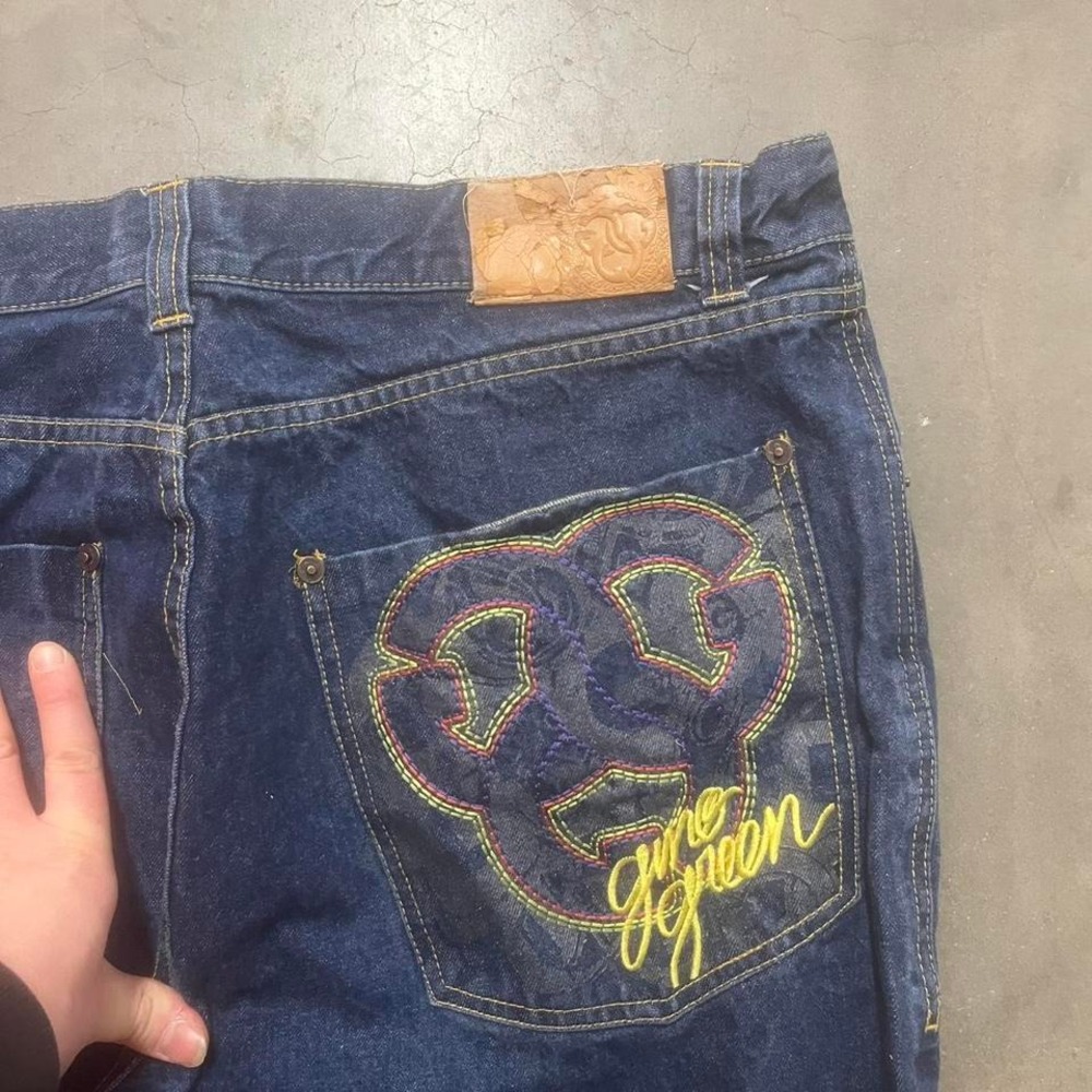 Y2K Gino green Global men's blue embroidered baggy jeans skater hiphop 38